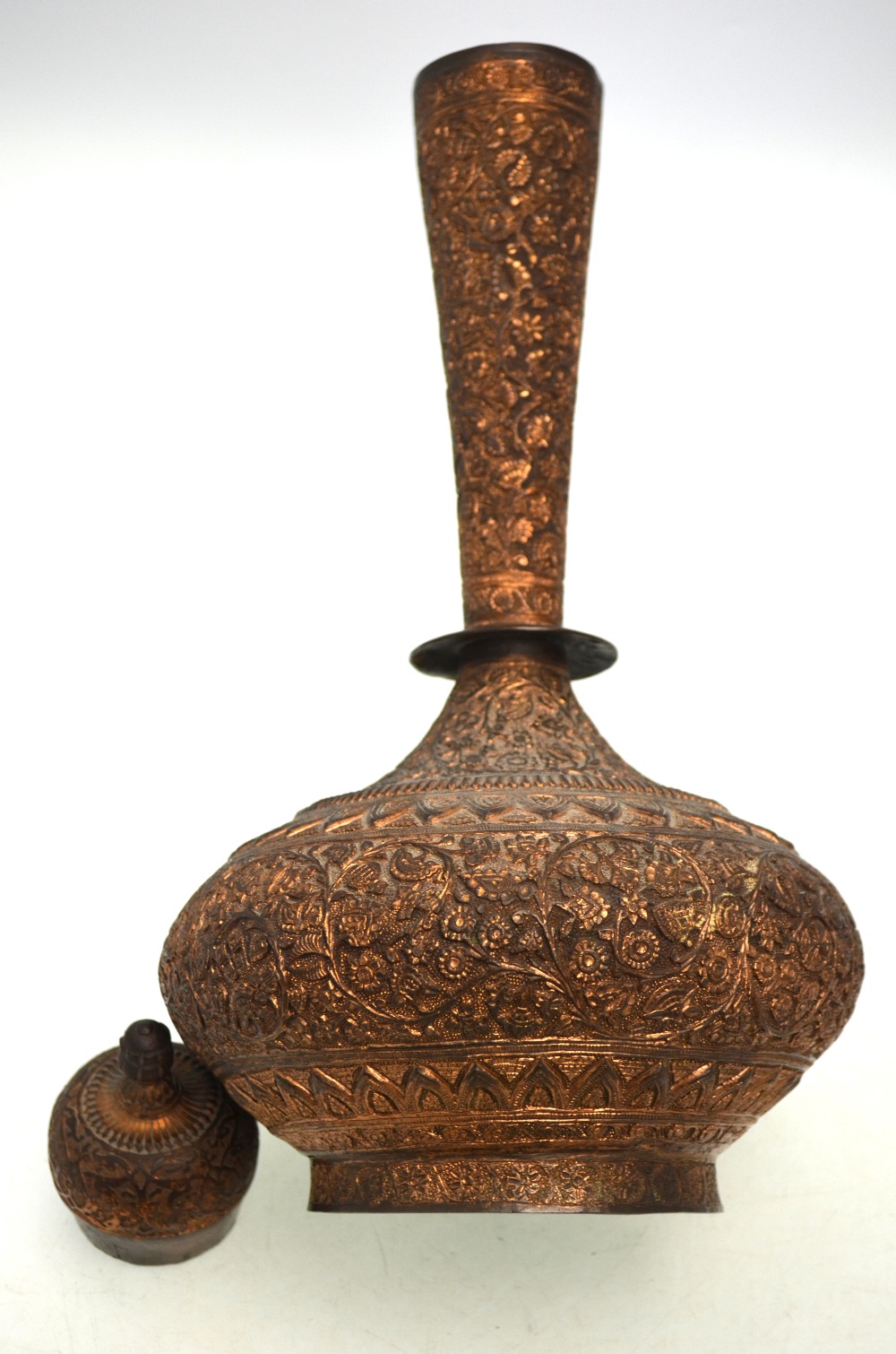 A Qajar, or other, metal-alloy vase with domed cover, decorated with floral designs, - Image 6 of 7