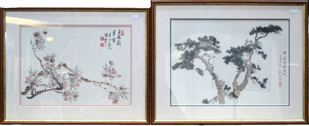 Two Chinese printed pictures, both framed and glazed: one of apple blossom,