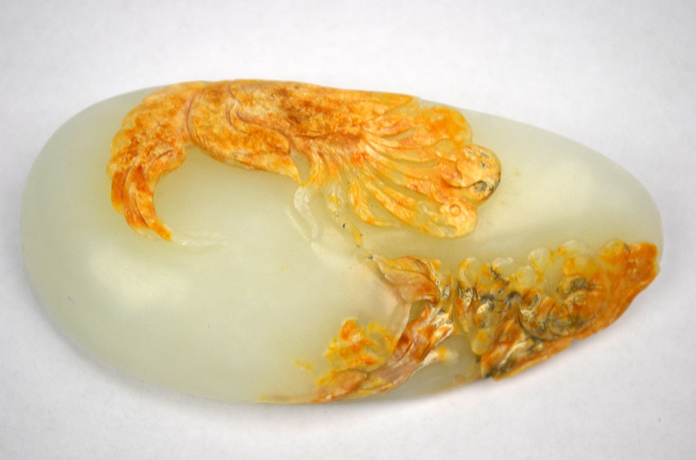 A jade pebble carving designed with a large bird above a peony, - Image 2 of 5
