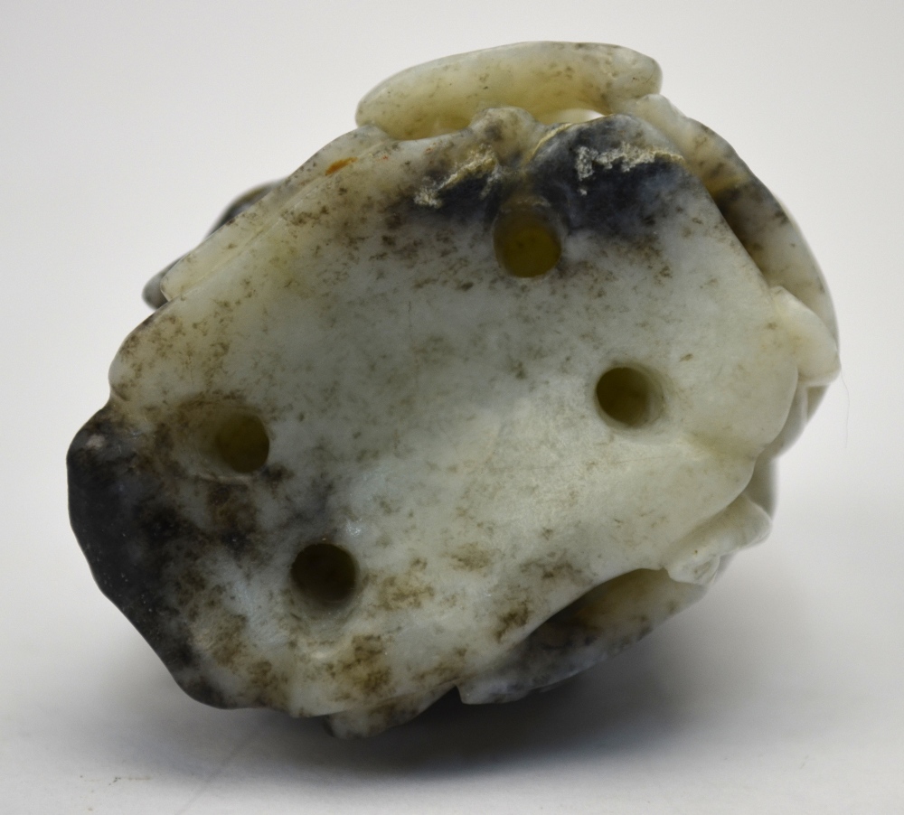 A mottled grey, white and black jade hat finial decorated with a Natural History design, 3. - Image 3 of 5