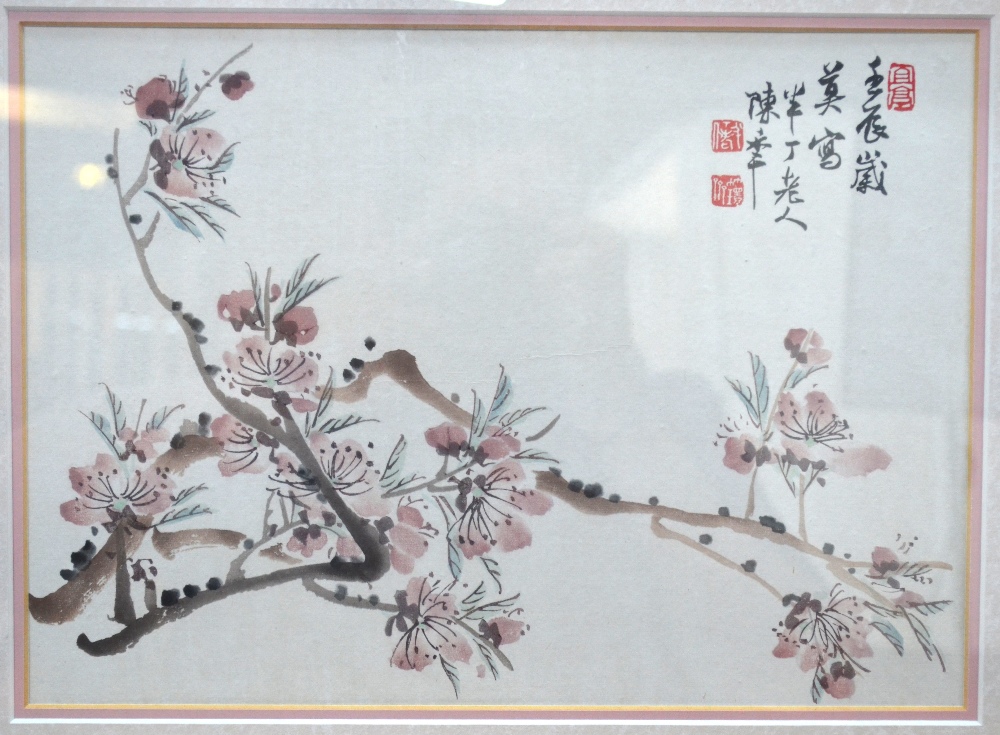 Two Chinese printed pictures, both framed and glazed: one of apple blossom, - Image 4 of 6