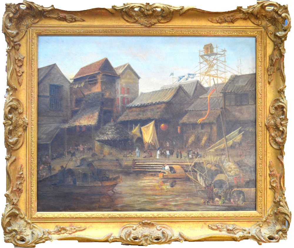 Manner of George Chinnery, oil on canvas, a Chinese Hong or Trade Settlement, - Image 2 of 4