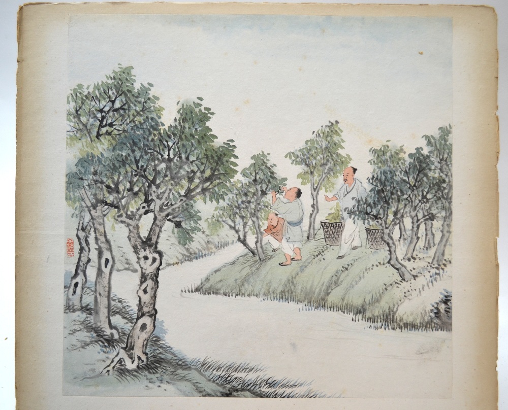 An album or folio of seven Chinese Pictures; some illustrating a silk, textile, or other,