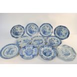 Eleven Chinese Export blue and white plates, including five shallow soup plates decorated with deer,