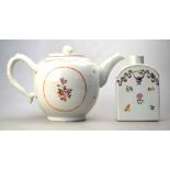 Two pieces of famille rose: a teapot with circular cover and peach finial,
