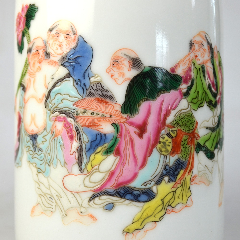 A modern famille rose cylindrical bitong, decorated with four luohan, - Image 2 of 5