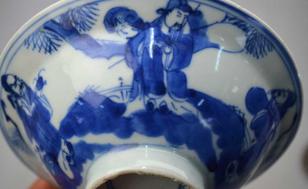 A blue and white bowl decorated on the exterior with three scholars, - Image 2 of 6