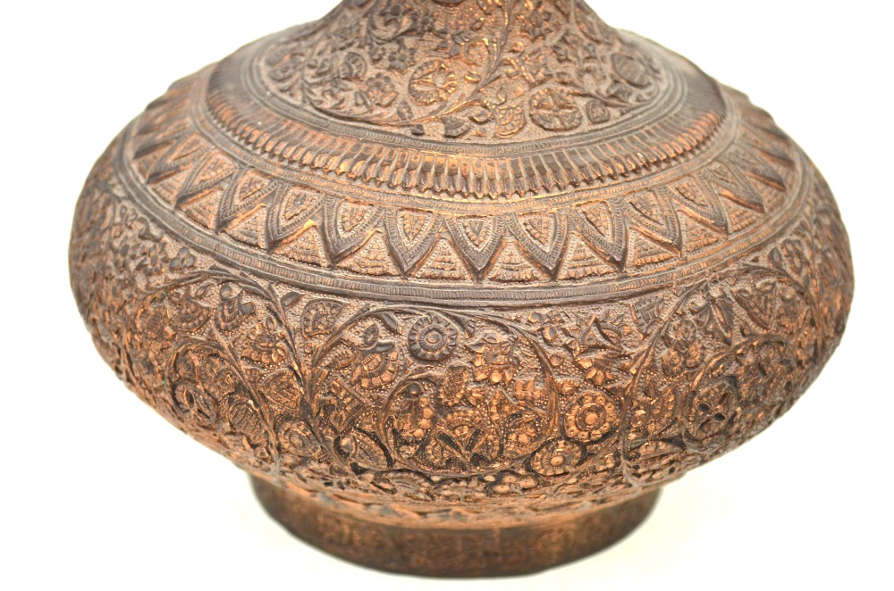 A Qajar, or other, metal-alloy vase with domed cover, decorated with floral designs, - Image 3 of 7