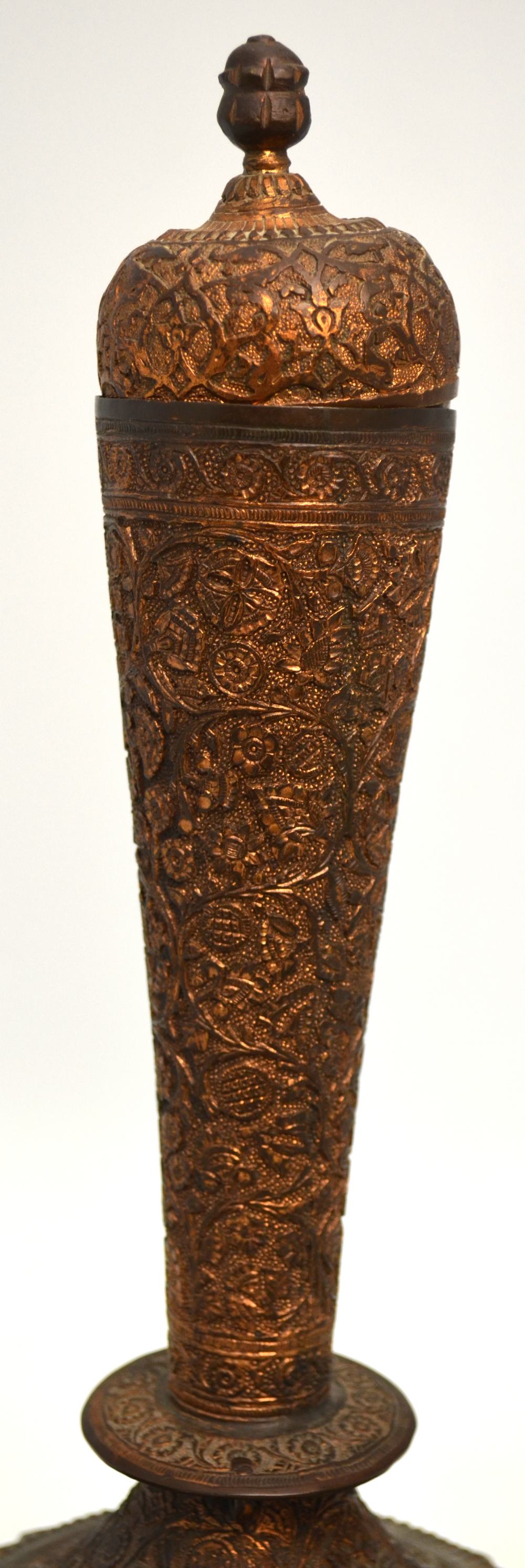 A Qajar, or other, metal-alloy vase with domed cover, decorated with floral designs, - Image 2 of 7