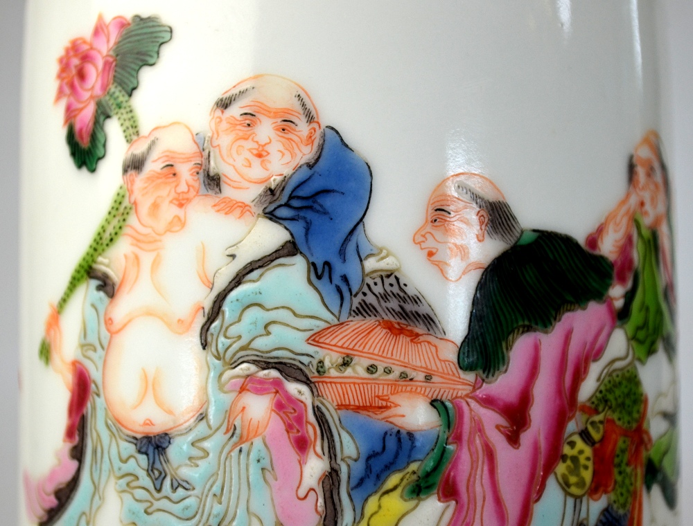 A modern famille rose cylindrical bitong, decorated with four luohan, - Image 4 of 5