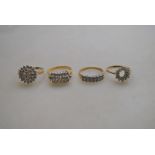 Four various cluster rings, two diamond set, two paste-set, three 9ct,