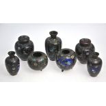 Seven small cloisonne enamel vases, the tallest 12 cm high,