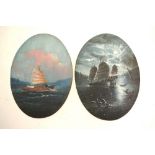 Two Chinese oval miniatures painted on wood, sailing junks by night and day,