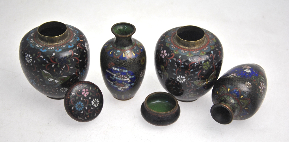 Seven small cloisonne enamel vases, the tallest 12 cm high, - Image 3 of 5