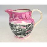 A 19th century Sunderland lustre jug decorated with black transfer print of the bridge and
