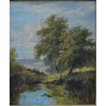 English School - Pastoral view with fisherman, oil on canvas,