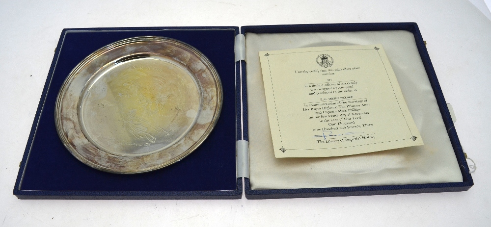 A silver 1973 Royal Wedding commemorative plate designed by Peter Annigoni, Ltd Ed 277/2000,
