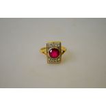 An Art Deco synthetic ruby and diamond set plaque ring,