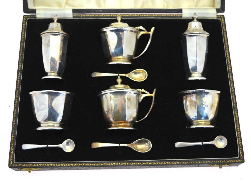 A cased silver six-piece condiment set with blue glass liners and the spoons, Mappin & Webb, - Image 2 of 3