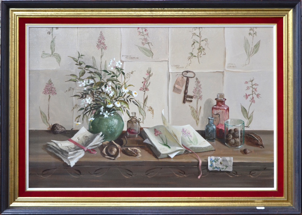 ** Deborah Jones (1921-2012) - 'Still life with flower prints', oil on canvas, - Image 2 of 4