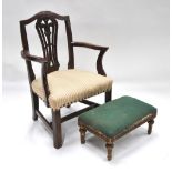 A Georgian style child's mahogany carver chair with overstuffed seat,