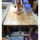 An antique French pine kitchen table with frieze drawer to one long side,