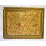 A gilt framed machined tapestry of courting couple with chaperone in woodland setting