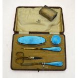 A silver, gilt and blue basse-taille enamel manicure set in fitted Mappin & Webb case, maker AC,