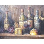 Idamis - Still life study with wine bottles, grapes, cheese, impasto oil on board,