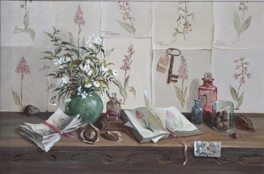 ** Deborah Jones (1921-2012) - 'Still life with flower prints', oil on canvas,