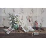 ** Deborah Jones (1921-2012) - 'Still life with flower prints', oil on canvas,