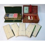 Two Bridge sets, with playing cards and score sheets, one in wood box,