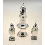 A silver octagonal baluster sugar caster, Mappin & Webb, London 1908, 17 cm high,