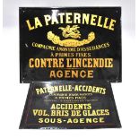 Two vintage French enamel advertising signs for Paternelle Insurance,