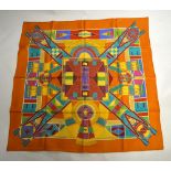Hermes silk scarf, 'L'Art Indien des Plaines', burnt orange border, yellow/ red/blue and green,