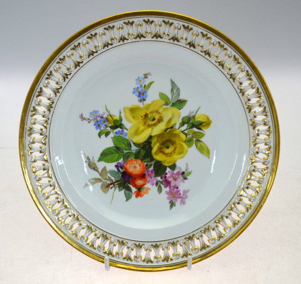 A Meissen cabinet plate with reticulated rim, painted with spring flowers and blossom,