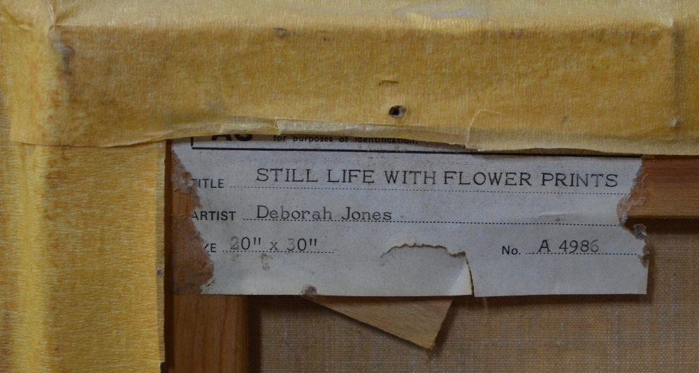 ** Deborah Jones (1921-2012) - 'Still life with flower prints', oil on canvas, - Image 4 of 4