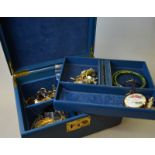 A blue morocco jewel box containing quantity of vintage and later jewellery items including