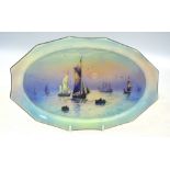 An epns oval dish, finely enamelled with shipping at dusk on a calm sea, unsigned,