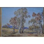 E Parsons (1831-97) - Australian landscape with a distant farm, watercolour heightened with white,