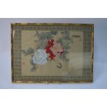 A Chinese picture on textile of a butterfly beside flowers, framed and glazed,