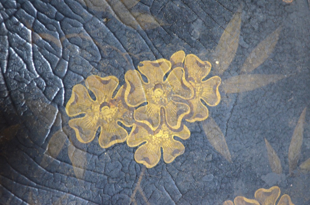 A 19th Century papier mache tray with gilt decoration of insects and flowers on a black ground. - Image 3 of 6