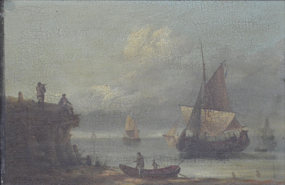 English school - A coastal view with figures atop a cliff looking toward harbour fleet,