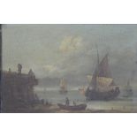 English school - A coastal view with figures atop a cliff looking toward harbour fleet,