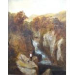 English school - Man fishing with dog at waterfall, oil on canvas,