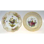 Two German porcelain cabinet plates with with reticulated borders,