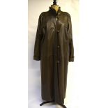 A khaki green full-length leather coat with wool lining, Turkis Tukku, made in Finland,