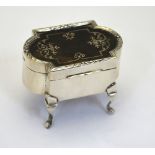 A silver cartouche-form ring box with pique-work tortoiseshell cover enclosing padded gold silk