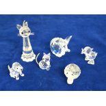 Six Swarovski crystal animals - elephant, two cats, snail,
