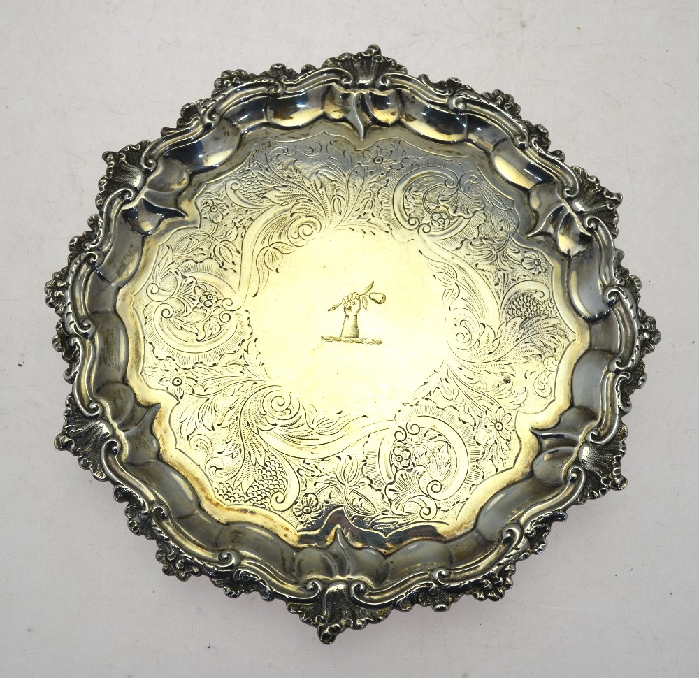 A William IV silver letter salver with chased shell and scroll border and engraved decoration on - Image 2 of 3